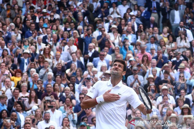 Novak Djokovic celebrates win at Wimbledon in 2019.